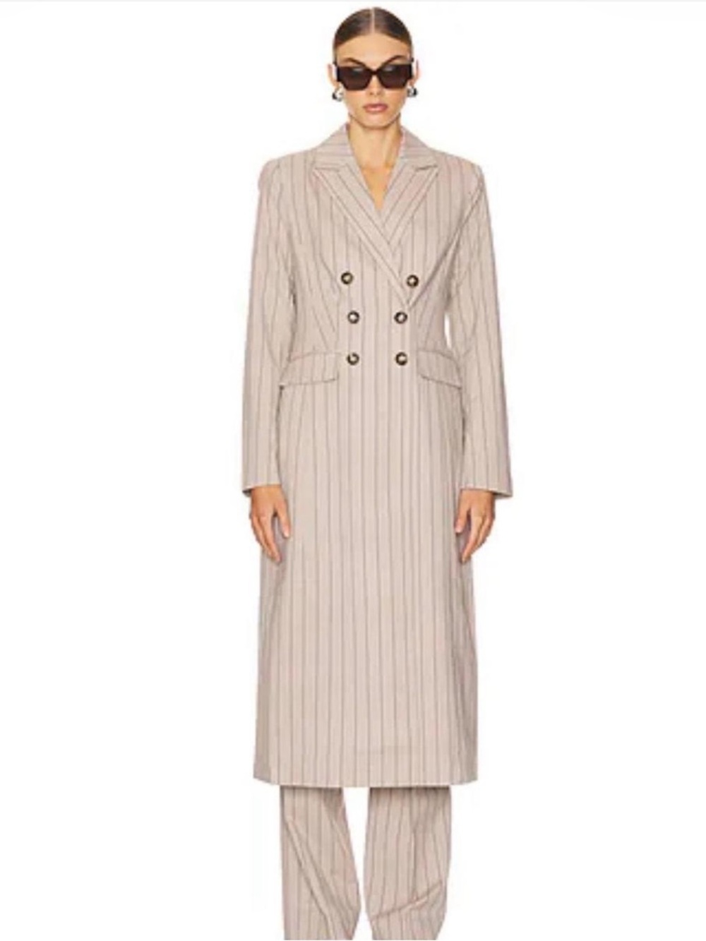 Favorite Daughter Double-Breasted Pinstripe Long Blazer in Natural
